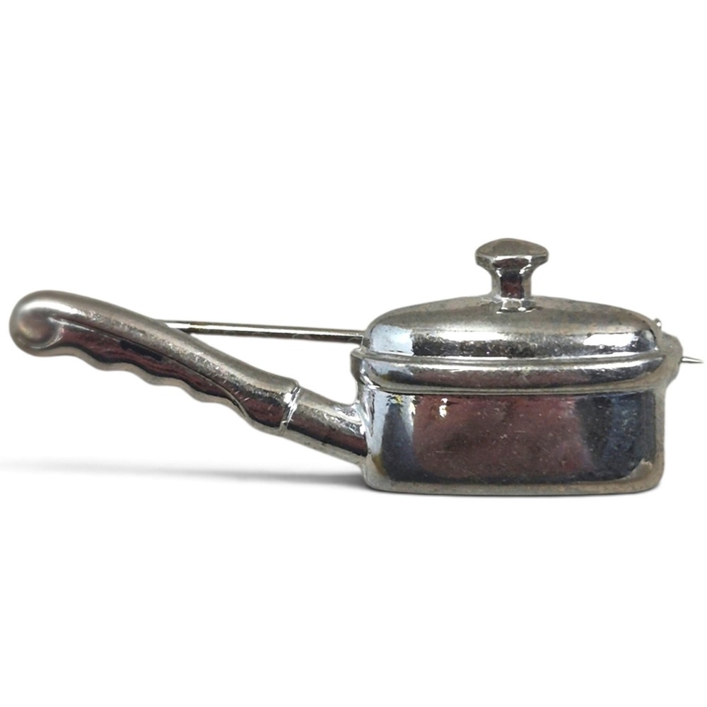 Vintage Miniature Saucepan Skillet Brooch Pin Silver Tone Kitsch Novelty